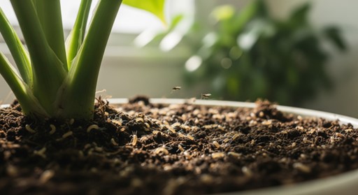 Une petite "mouche du terreau" posée sur le bord d'un pot de plante, signalant une infestation potentielle et le besoin de solutions de lutte.